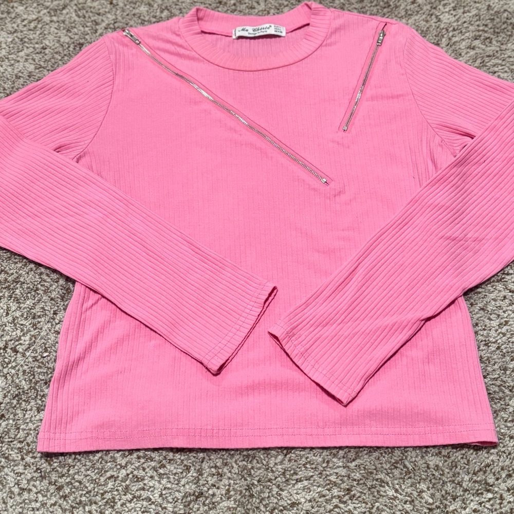 Pink Ribbed Long Sleeve Top with Zipper Accents